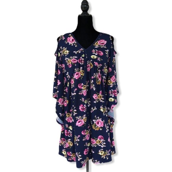 Southern Stitch Cold Shoulder Navy Floral Lace Trim Tunic Dress - Picture 1 of 9